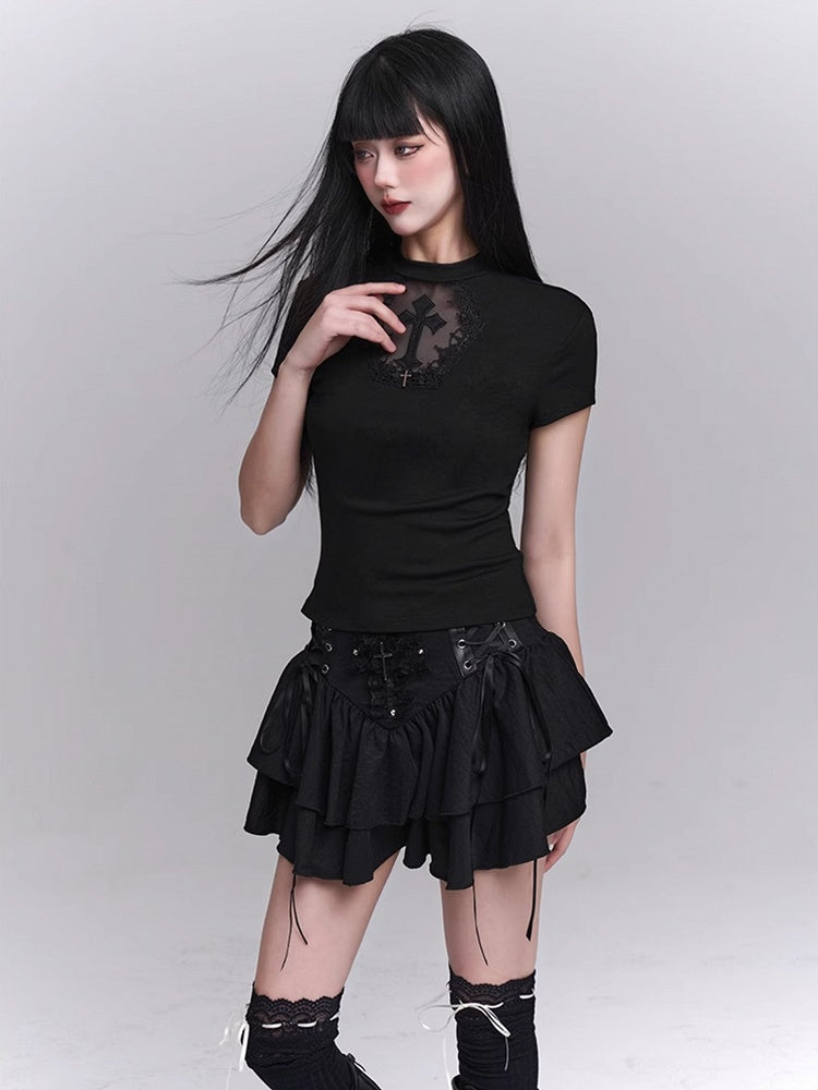 Black Coffin-shaped Cutout Cross Applique T-Shirt