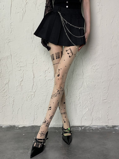 Nude Y2K Piano Note Star Print Polka-dot Pattern Tights