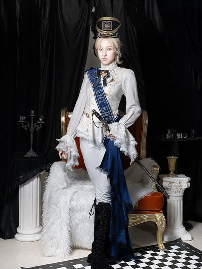 White Jabot Ruffle Neckline Cadcading Ruffle Cuffs Long Sleeves Ouji Lolita Top