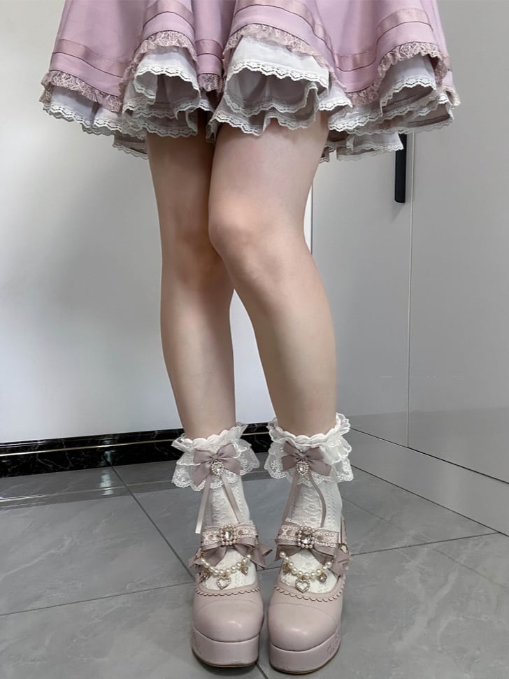 Jirai Kei Dusty Pink Bowknot and Heart Rhinestone Decoration Lace Cuffs White Cotton Ankle Socks