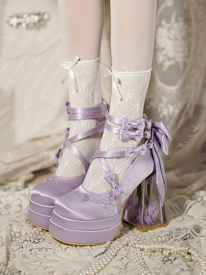 Purple Camellia Flower High Block Heel Elegant Platform High Heels