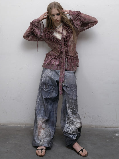 Blue Wasteland Punk Chain Print Lace Details Wide-leg Cut Jeans