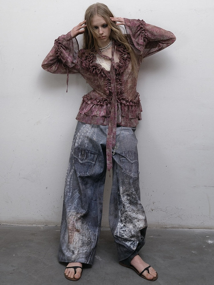 Blue Wasteland Punk Chain Print Lace Details Wide-leg Cut Jeans