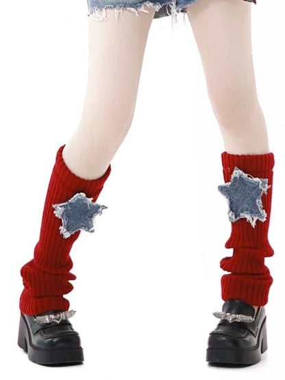 Denim Star Appliques Red Knit Leg Warmers