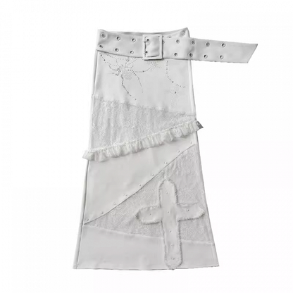White Low Waist Lace Patches Cross Applique Punk Skirt with Buckle Belt