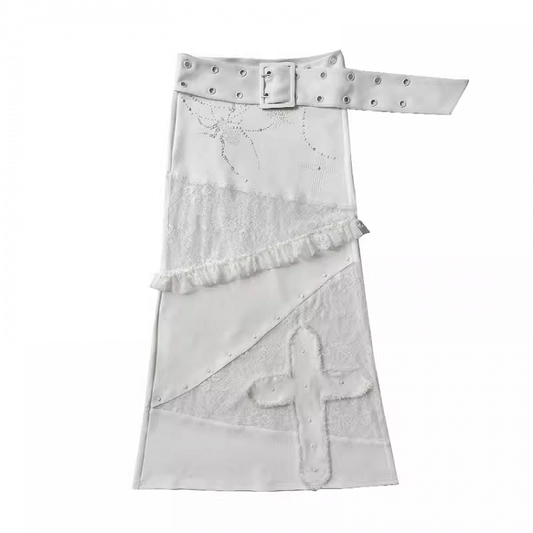 White Low Waist Lace Patches Cross Applique Punk Skirt with Buckle Belt