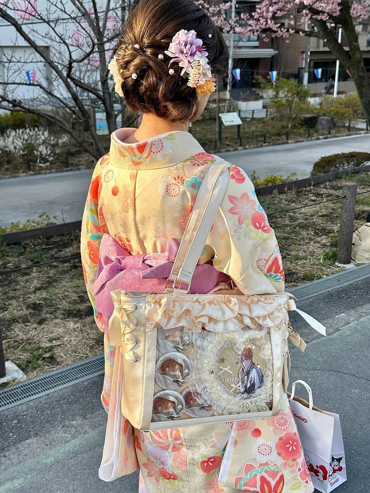 Yellow Satin Ruffle Trims Self-tie Straps Ita Bag With Bow Card Holder