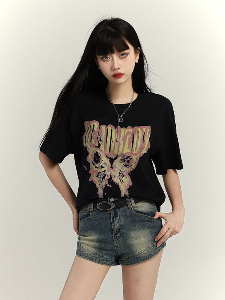 Dark Gray/Brown/Black/White Butterfly Print Vintage Loose T-Shirt