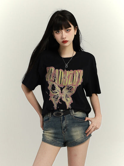 Dark Gray/Brown/Black/White Butterfly Print Vintage Loose T-Shirt