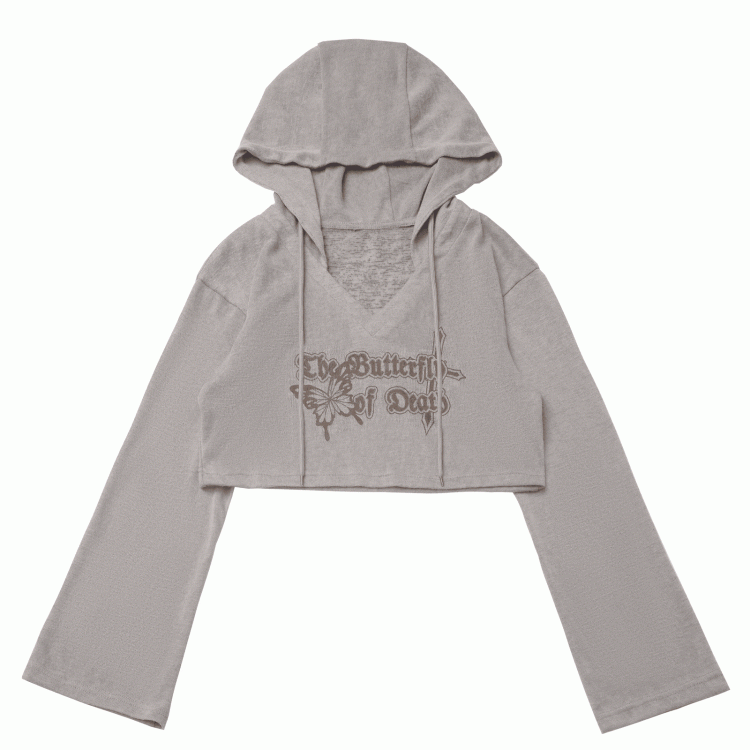 Gray/Khaki V-neck Butterfly Print Hooded Knit Coverup