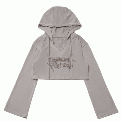 Gray/Khaki V-neck Butterfly Print Hooded Knit Coverup