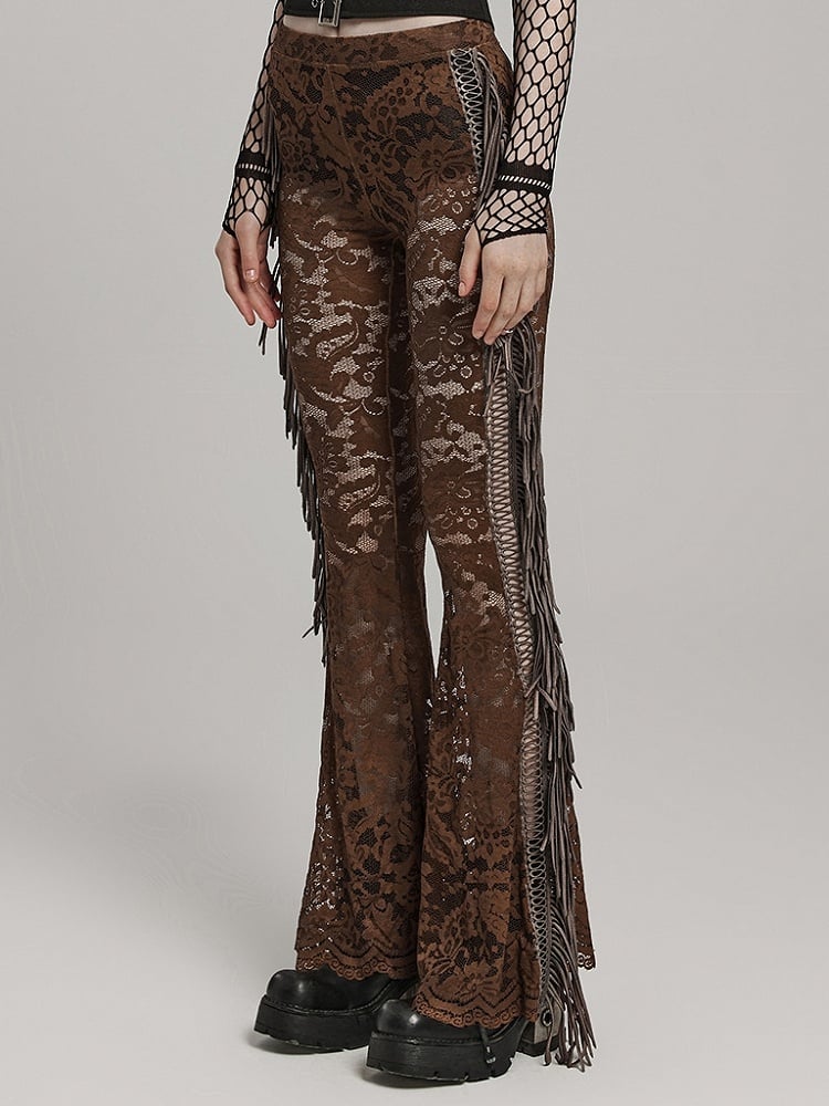 Clearance-Size L for Waist 77CM Coffee Goth Lace Trousers