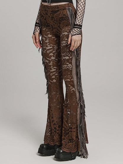 Clearance-Size L for Waist 77CM Coffee Goth Lace Trousers
