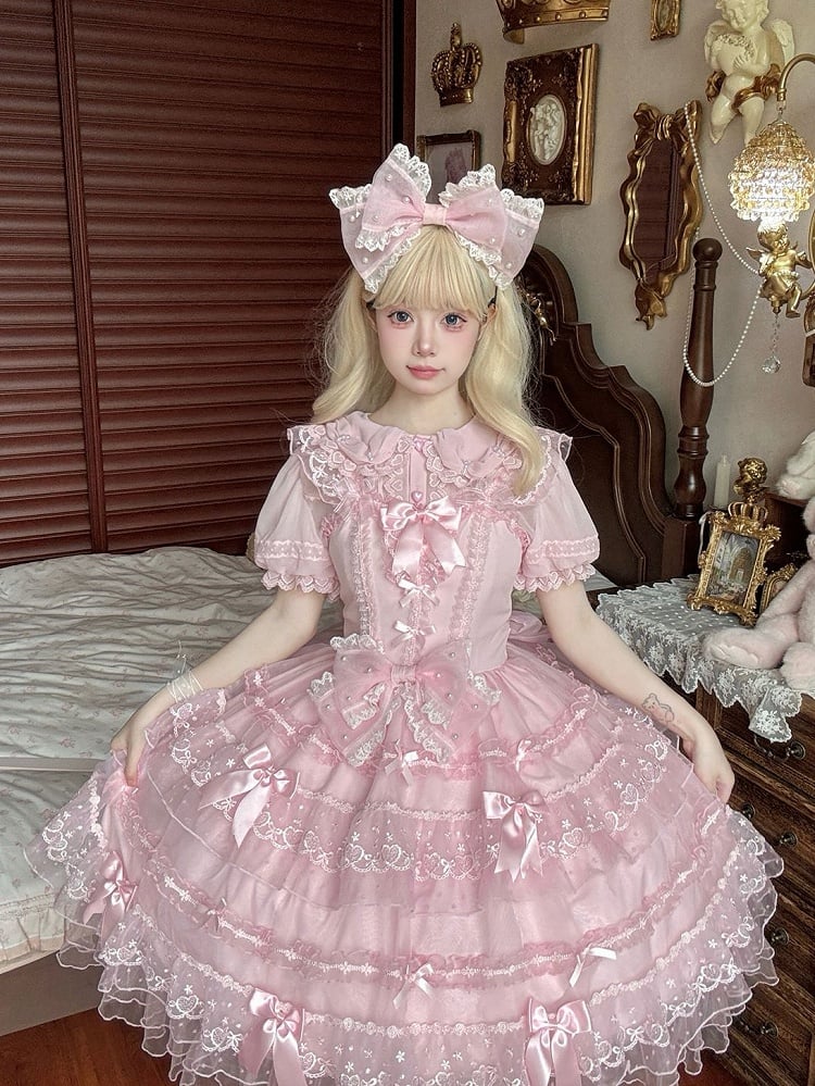 Pink Bow Accents Hanayome Princess Dress Layered Tulle Skirt Lolita JSK