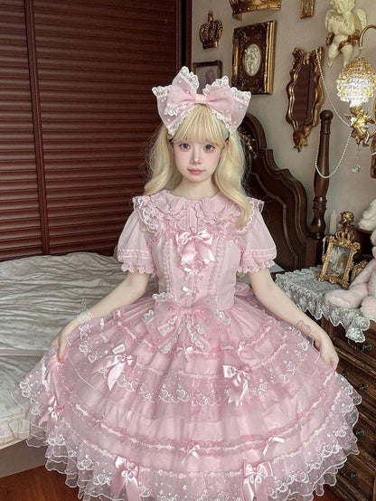 Pink Bow Accents Hanayome Princess Dress Layered Tulle Skirt Lolita JSK