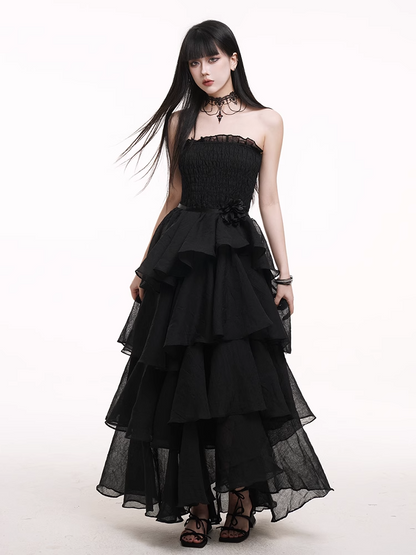 Black High Waist Mesh Tiered Skirt Prom Gown Dress