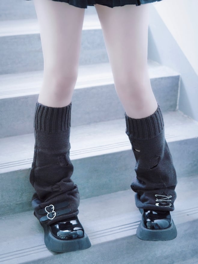 PU Buckles Dark Gray Gothic Distressed Holes Leg Warmers