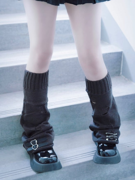 PU Buckles Dark Gray Gothic Distressed Holes Leg Warmers