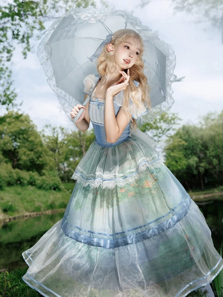 Oil Painting Water Lily Print Sky Blue Square Neckline and Flutter Sleeves One Piece