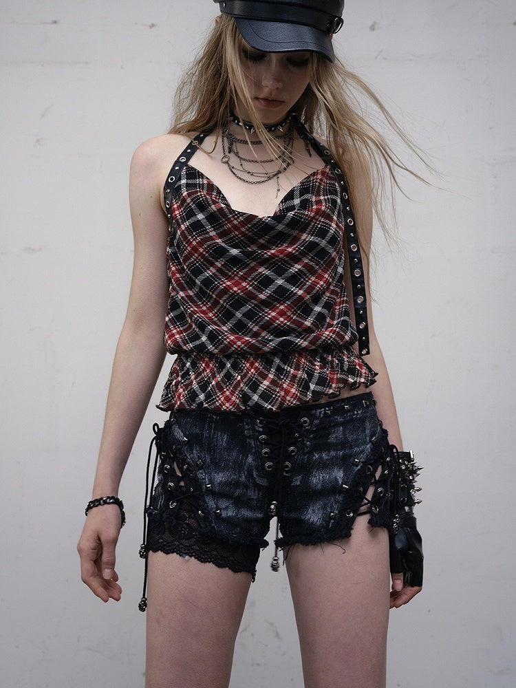 Black/White Wasteland Punk Studs Decorated Lace-up Details Raw Hem Shorts