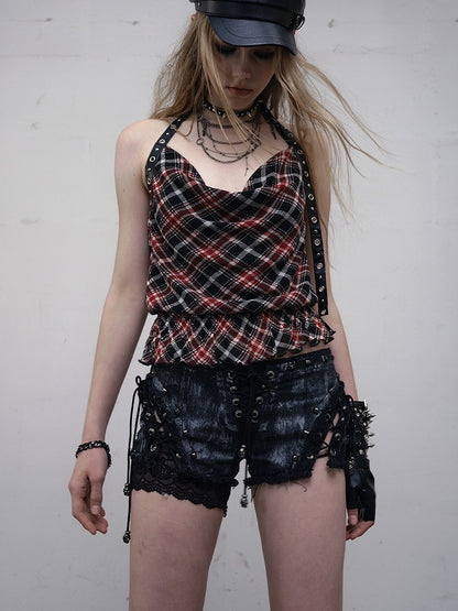 Black/White Wasteland Punk Studs Decorated Lace-up Details Raw Hem Shorts