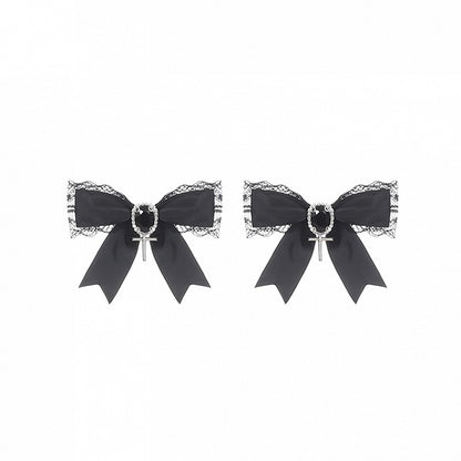 Black Lace Trimmed Bow Hairclips with Rhinestone & Cross Charm