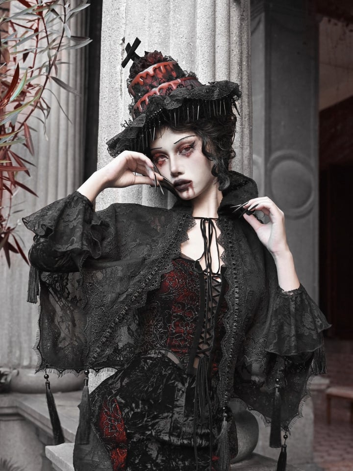 Black Goth Vampire Stand Collar Lace Shawl Cape Tassels Hem