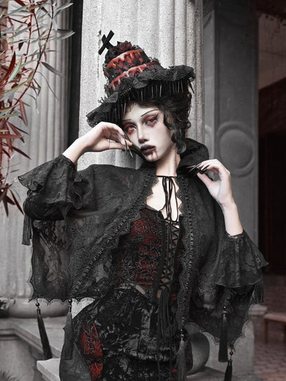 Black Goth Vampire Stand Collar Lace Shawl Cape Tassels Hem
