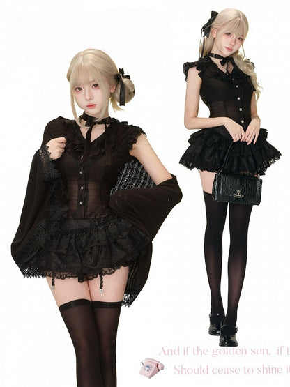 Black Tiered Lace Skirt with Key Charm Accents