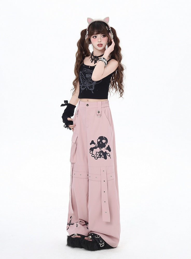 Black/Grey/Pink Skeleton and Cross Print Cargo Pockets Wide-Leg Pants