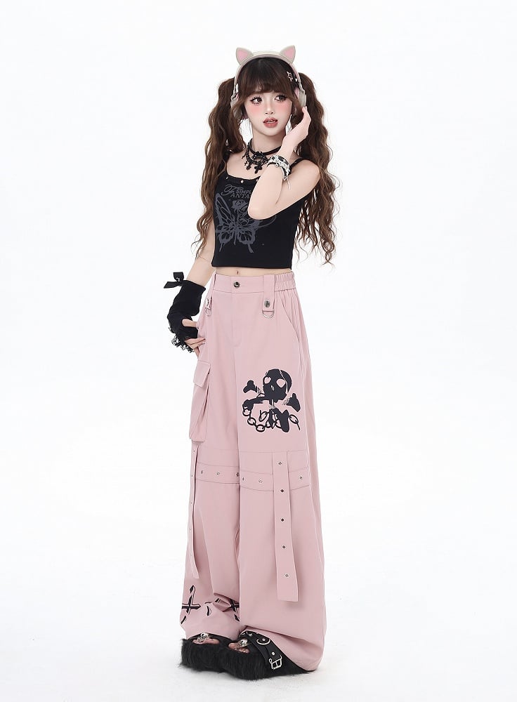 Black/Grey/Pink Skeleton and Cross Print Cargo Pockets Wide-Leg Pants
