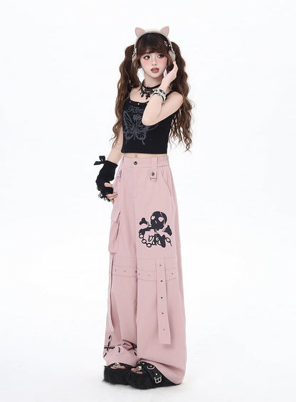 Black/Grey/Pink Skeleton and Cross Print Cargo Pockets Wide-Leg Pants