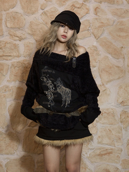 Black Off-Shoulder Punk Wing Print Knit Top with Batwing Sleeves & Buckle Strap