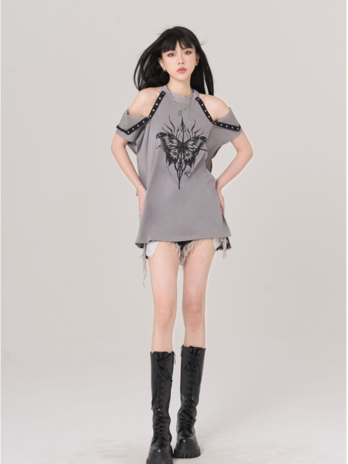 Gray Butterfly Print Cutout Shoulder Loose T-Shirt