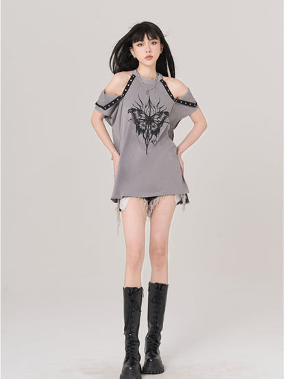 Gray Butterfly Print Cutout Shoulder Loose T-Shirt