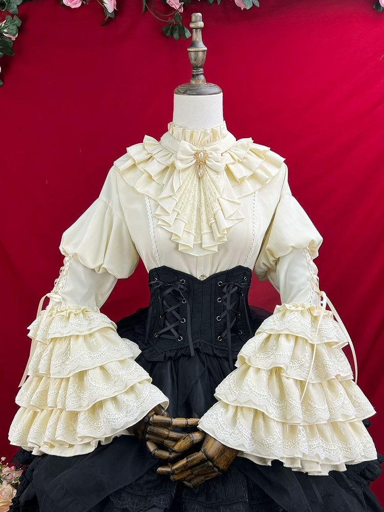 Apricot Ruffle Neckline Layered Bell Sleeves Gothic Lolita Shirt with Jabot Tie