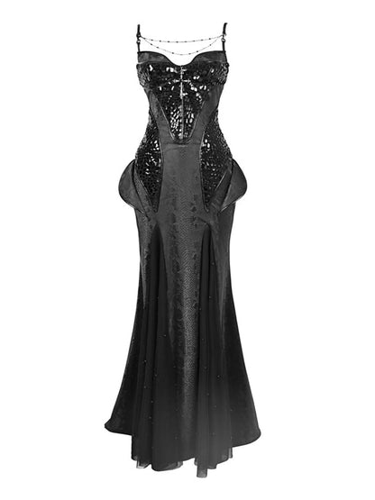 Black Victorian Bustier Bodice Spaghetti Straps Dress Evening Gown PU Leather Mermaid Dress