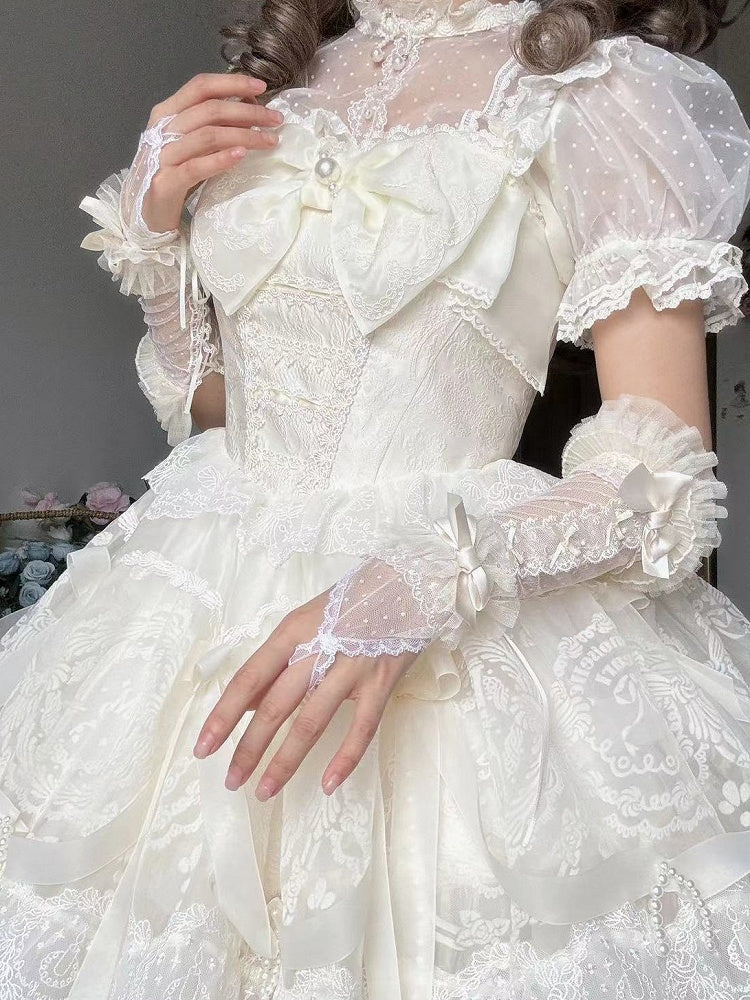 Beige/White/Pink/Black Bowknot Details Polka-dot Pattern Lace Wrist Cuffs