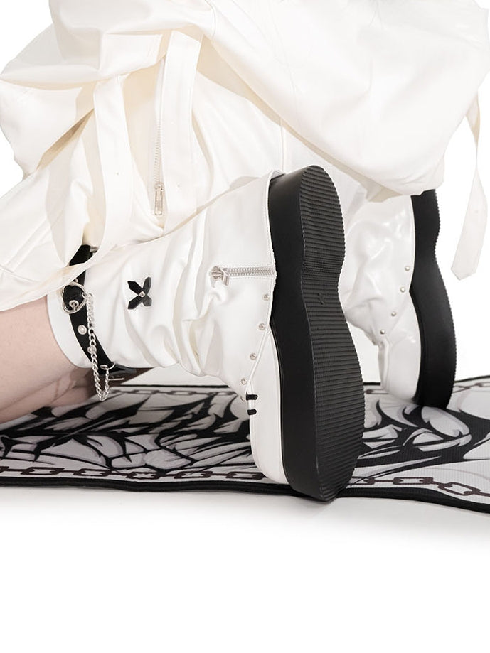 White Punk Cross Decorated Heart Buckle Studs Details Platform Boots