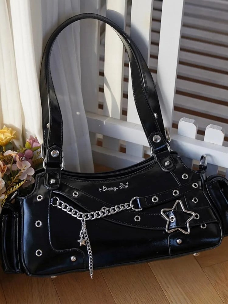 Black PU Y2K Shoulder Ita Bag With Star Charm