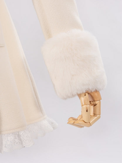 Creamy Jirai Kei Butterfly Buckles Closure Coat with Detachable Plush Collar and Cuffs