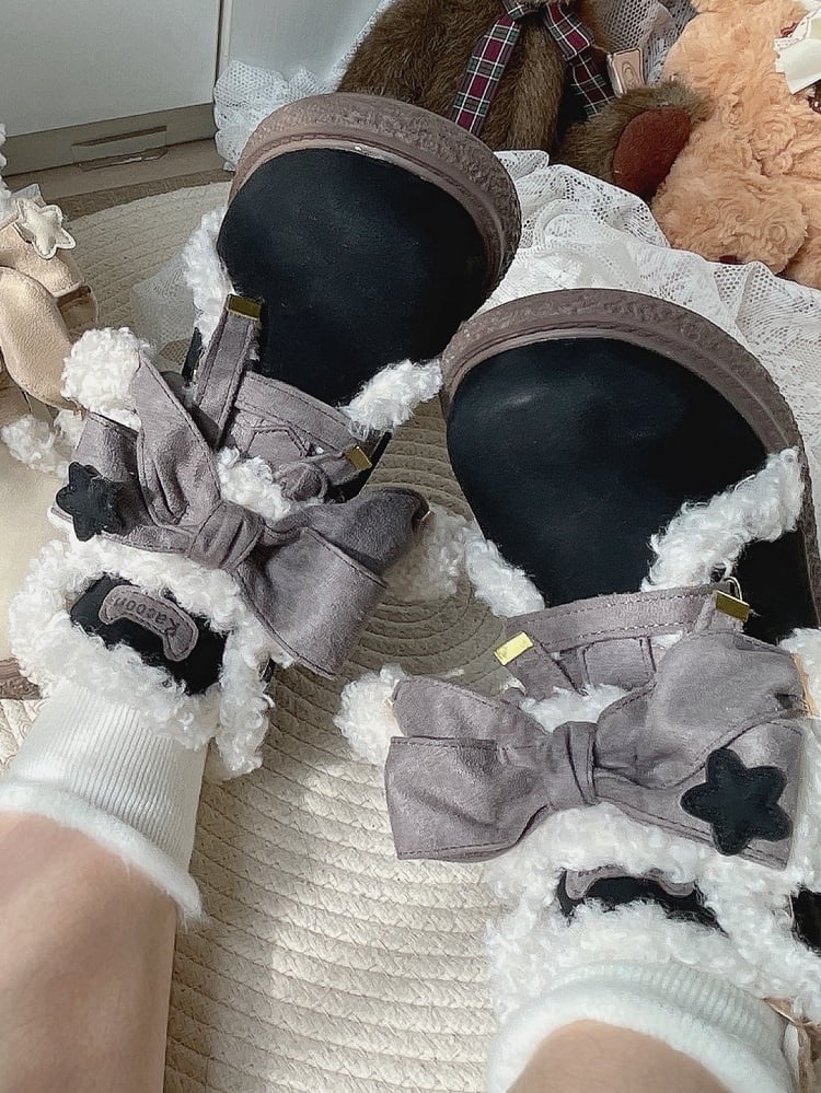 3cm Sole Black Ankle Boots for Lolita with Gray Bow Accents, Star Applique & Lace-Up Design