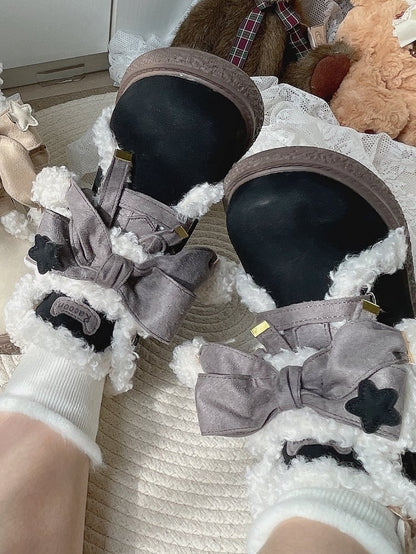 3cm Sole Black Ankle Boots for Lolita with Gray Bow Accents, Star Applique & Lace-Up Design