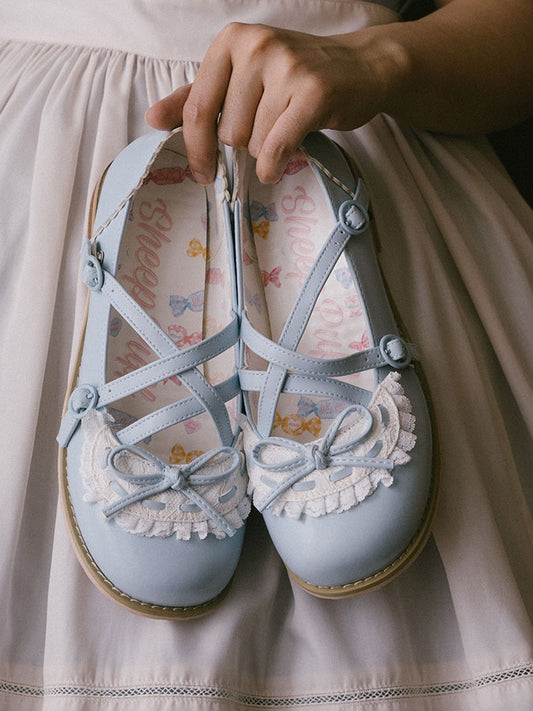 Blue Crisscross Design Lace Trim Bow at Top Lolita Shoes