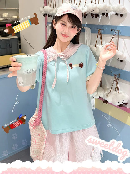 Cute Dachshund Embroidery Mint Green Round Neck T-shirt