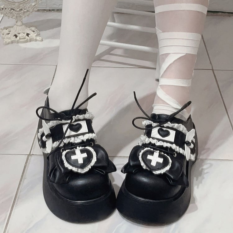 Clearance-Size 39 Jirai Kei Black Yami Kawaii Cross Bowknot Lace-up Detail Platform Shoes Thicken Version