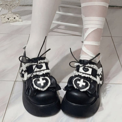 Clearance-Size 39 Jirai Kei Black Yami Kawaii Cross Bowknot Lace-up Detail Platform Shoes Thicken Version