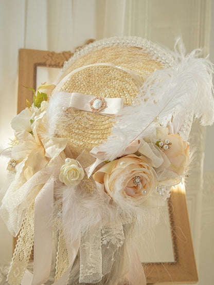 Beige Feather And Beaded Decorated Floral Design Straw Hat