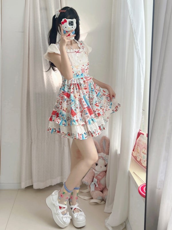 Pink/Blue/Beige Floral Pattern Semi-sheer Calf Socks