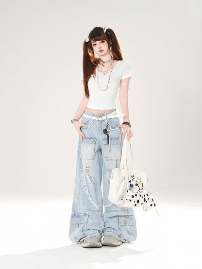 Black/Blue Low Rise Distressed Holes Raw Hem Wide-Leg Cargo Jeans